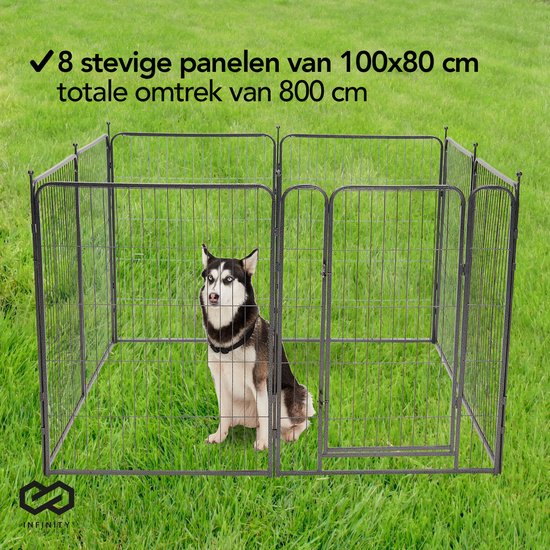 Infinity Goods Hondenren - Puppyren - 8 Panelen - 100 x 80 CM - Opvouwbaar - Met Deur - Staal - Zwart