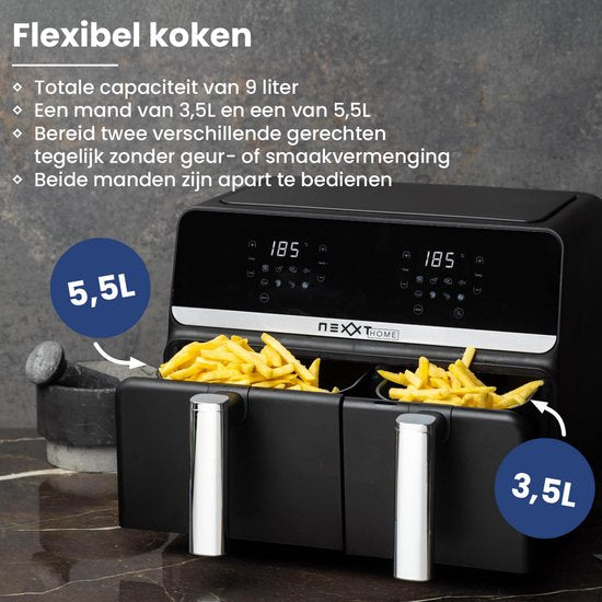 Nexxt Digitale Dubbele Airfryer XXL - Heteluchtfriteuse met Touchscreen – Inhoud 5,5 + 3,5 Liter – 8 Kookprogramma's - Zwart