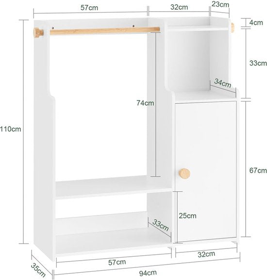 SoBuy Kinderkledingrek, Kledingkast met 2 Vakken en 1 Deur, Opbergoplossing voor Kinderkamer, Wit, 94x35x110 cm, KMB110-W