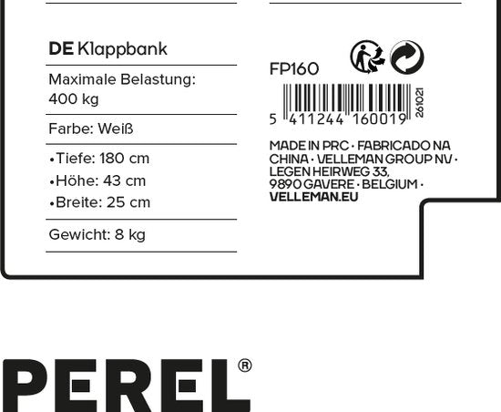 Perel Klaptafel, inklapbaar, weerbestendig, handgreep, maximaal 100 kg, wit