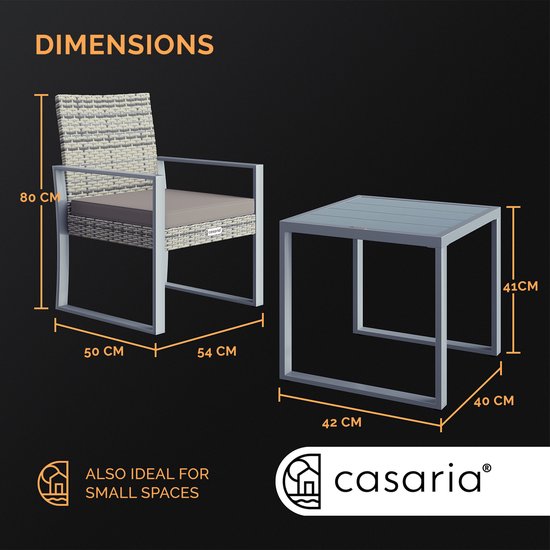 Casaria Polyrattan Tuinset – 1 Tafel 2 Stoelen – Weerbestendig Grijs