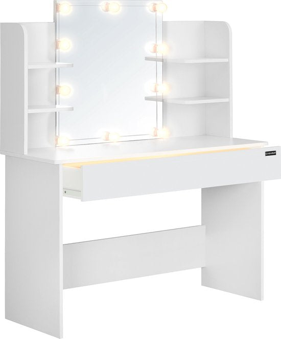 Casaria Make up tafel Lucia - Lade Spiegel LED 4 Planken 140x110 - Wit