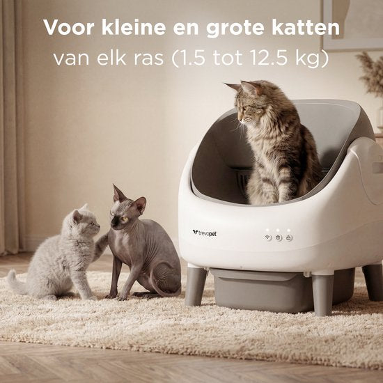 TrevoPet® Air - Automatische Kattenbak met App - Zelfreinigend & Veilig - Voor Katten tot 12KG - Incl. Mat, 60 Afvalzakjes & Accessoires - 10L Afvalbak - Wit & Grijs