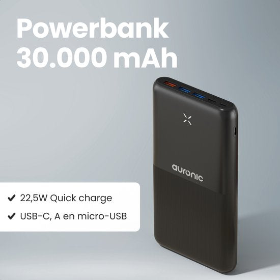 Auronic Powerbank 30.000 mAh - 22.5W Snellader via USB-C, USB-A, Micro-USB - Inclusief Kabel - Universeel - Quick Charge - Noodpakket - Zwart