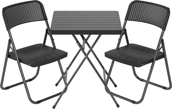 LifeGoods Bistroset - 3-delig - Inklapbaar - Rattan Look - Tuinset met Bijzettafel - Zwart - 200kg Draagkracht - Weerbestendig