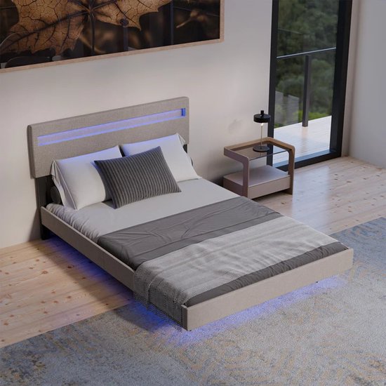 Zwevend bed Lissabon - 140x200cm - Kunstleer - Incl. LED - Beige