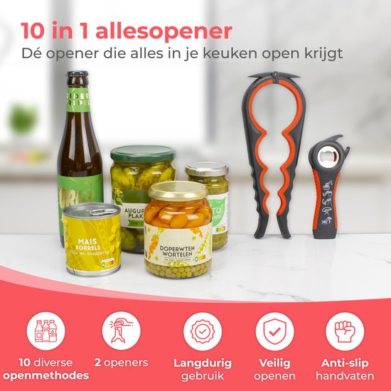 Nuvance Blikopener - 10 in 1 - Flesopener - Potopener - Bieropener - Keukenhulp - Opener - Rood