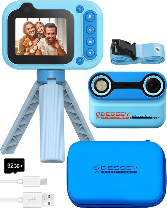 ODESSEY Waterdichte Kindercamera - met Tripod - Full HD - Selfie Camera - 32GB SD Kaart - Foto - Video - Spelletjes - Digitale Camera Kinderen - Fototoestel voor kinderen - Blauw