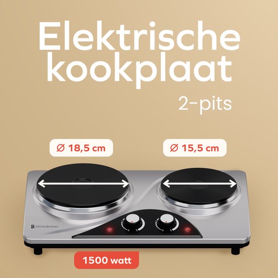 KitchenBrothers Elektrische Kookplaat - 2 Pits - Vrijstaand - 7 temperatuurstanden - 1500W + 1000W - RVS/Zwart
