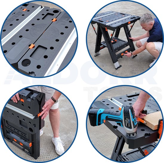 Aldorr Professionele Vouwbare Werkbank - Verstelbare Werktafel met 450 kg Draagkracht - Robuuste en Stabiele Constructie - Compact en Lichtgewicht - Ideaal voor Zagen, Boren en Diverse Kluswerkzaamheden