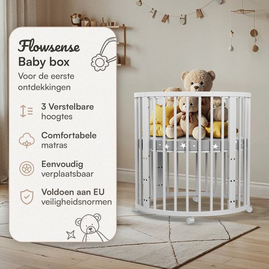 Flowsense Baby Box – Ronde Speelbox Box – Met Matras – Verstelbare Hoogtes – Wielen - Wit