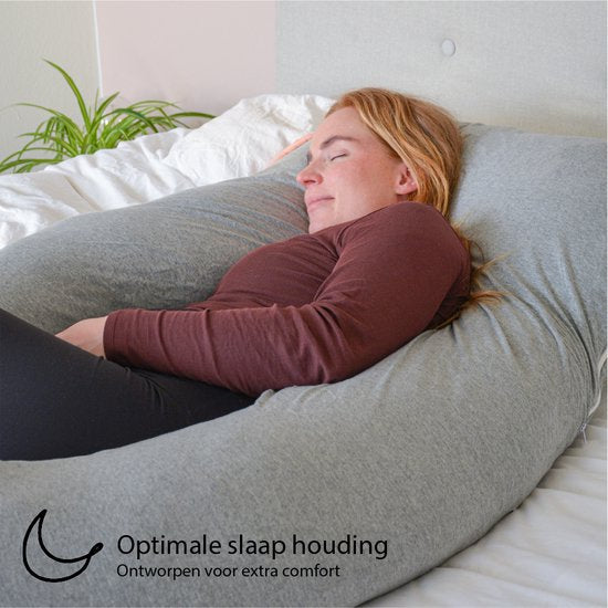 EL-Life Zwangerschapskussen XXL U-Vorm - Zijslaapkussen - Lichaamskussen - Voedingskussen - Body Pillow - 140x80cm - Afneembare Jersey Katoenen Hoes, Lichtgrijs