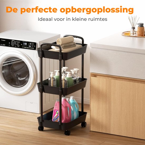 Posity Keukentrolley op wieltjes – Serveerwagen / Opbergtrolley / Keukenrek / Trolley Keuken – Verrijdbaar en Vast – 3 Lagen – Kunststof – Zwart