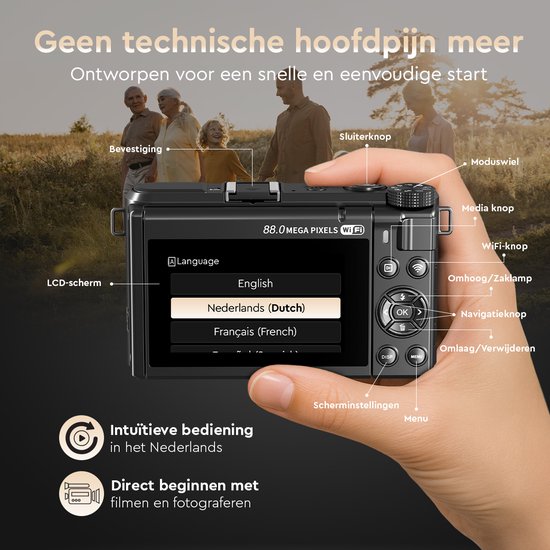 K&L - 8K 88MP - 18X Zoom - 128GB SD - WiFi - 3.0" UHD-display - mic-poort - Fotocamera - Compact Camera - Vlog Camera