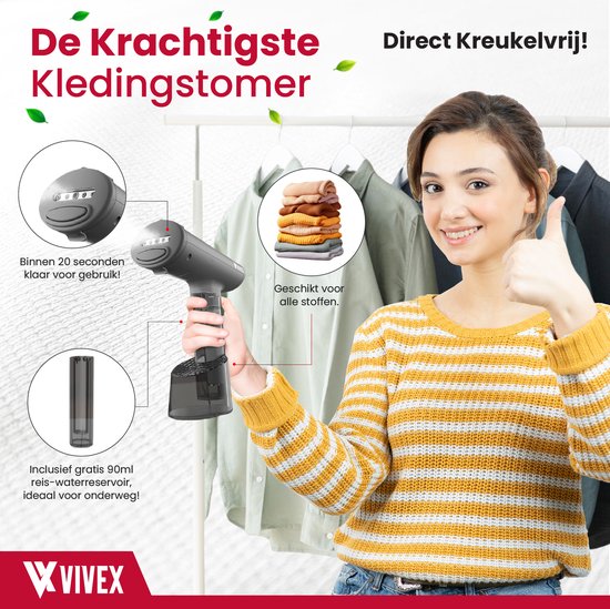 Vivex® Kledingstomer - Handstomer voor Kleding - Stoomapparaat - Gratis Opzetstuk + Extra Reservoir