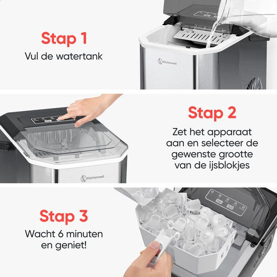 Kitchenwell IJsblokjesmachine - 1.3L - IJsblokjesmaker - IJsschep – 12kg/24 uur - Draagbaar - Zelfreinigingsfunctie - RVS