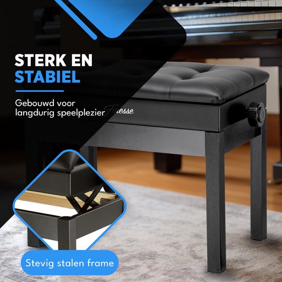 Finesse Premium Pianobank - Hoogte Verstelbaar - met Opbergruimte - Zacht Kussen - Pianokruk - Pianostoel - Zwart