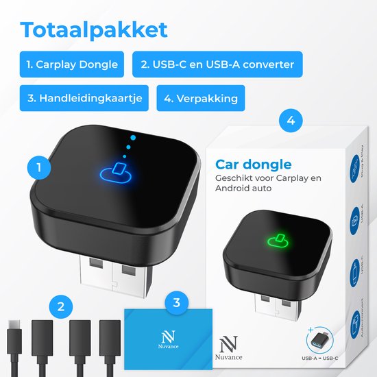 Nuvance CarPlay Dongle - Bluetooth Dongle - CarPlay Draadloos - USB & USB C - Geschikt voor Android Auto & CarPlay