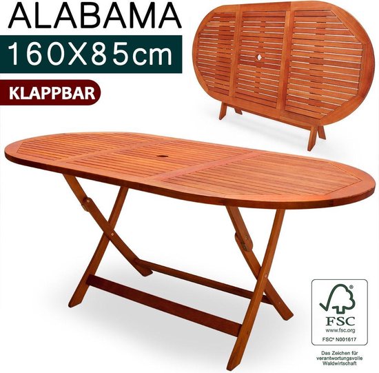 Casaria Opvouwbare Tuintafel – Parasolhouder – 160 x 85 x 75 cm – FSC Acaciahout - Bruin