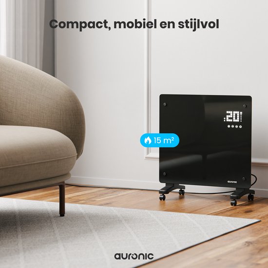 Auronic Elektrische Kachel – Convectorkachel Met Thermostaat en Afstandsbediening - Glazen Paneelverwarming - 1000W Heater - Zwart