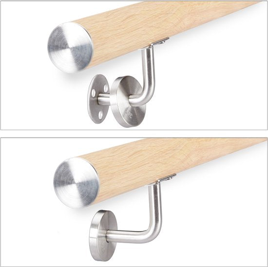 aluminium trapleuning - rond - voor binnen en buiten - beukenhout look - 150 cm - Ø 42 mm - met wandhouder - natuur
