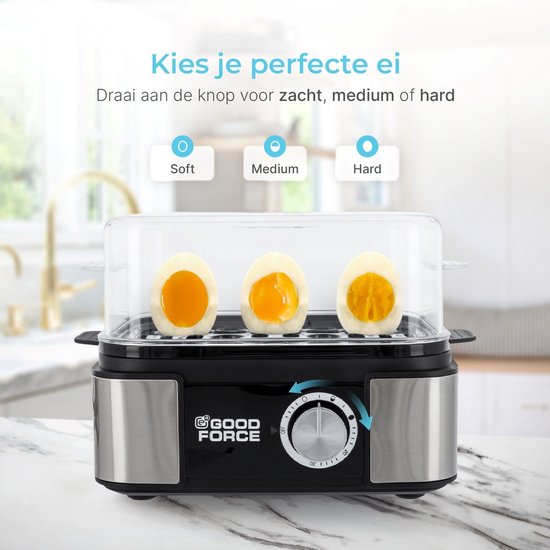 GoodForce Automatische Eierkoker - Met Timer - Met Alarm - 6 Eieren - Elektrisch - Incl. Maatbeker - Incl. eiprikker - RVS - Vaatwasserbestendig