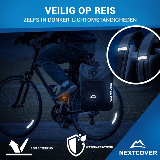 NEXTCOVER® NIEUW 3-in-1 fietstas voor bagagedrager [Aquashield] - Reflecterend bagagedragertas waterdicht - rugzak en schoudertas [25 liter]- Zwart