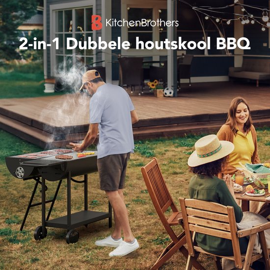KitchenBrothers 2-in-1 Houtskool BBQ XL met Verstelbare Luchtroosters - Zwart - 52 x 131 x 110 cm