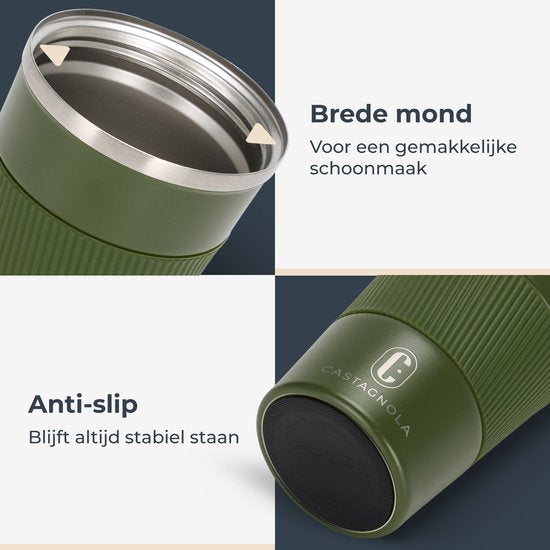 Castagnola Thermosbeker - Koffiebeker To Go - Reismok voor Koffie en Thee - Theebeker - 380 ML - RVS - Groen