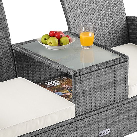Casaria Polyrattan Tuinbank - Incl. Tafel & Kussens 7 cm - Grijs