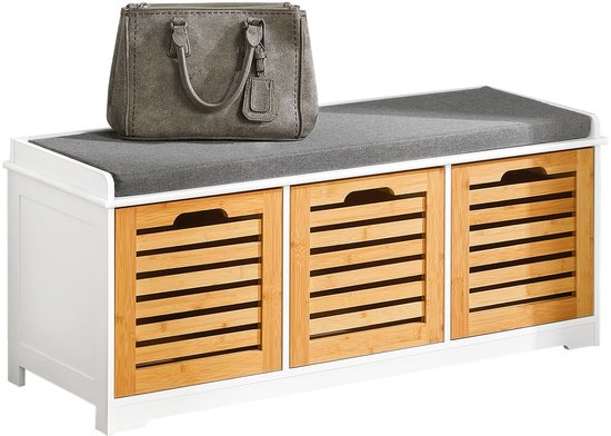 SoBuy Schoenenbank met zitkussen voor gang of woonkamer, 3 afneembare manden, 105x43x35 cm, FSR23-WN