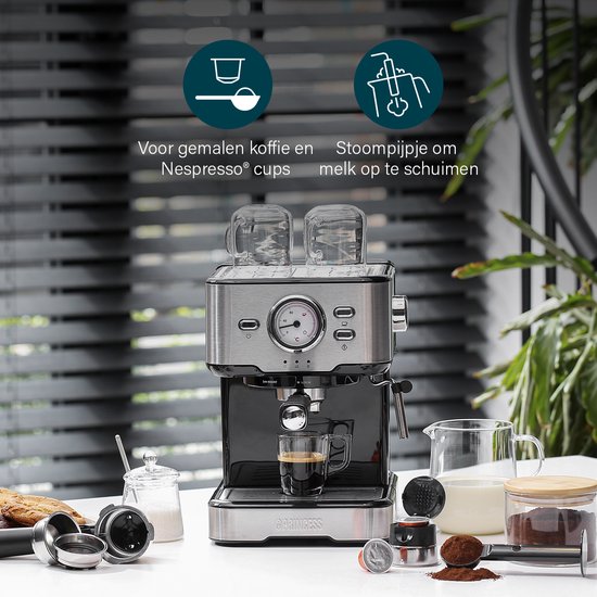 Koffiezetapparaat - Princess 249412 Espressomachines voor gemalen koffie – Met melkopschuimpijpjes voor cappucino en latte macchiato – 2 kopjes - Consumentenbond Beste Koop