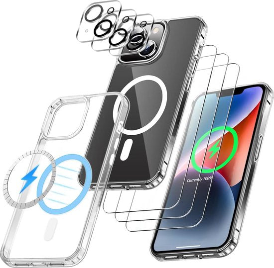 Podec Magsafe Hoesje Geschikt voor iPhone 14 - Bundel met 3x Screenprotector + 3x Cameraprotector - Magnetisch met Ring Doorzichtig - Telefoonhoesje Transparant Magsafe Case - Doorzichtig