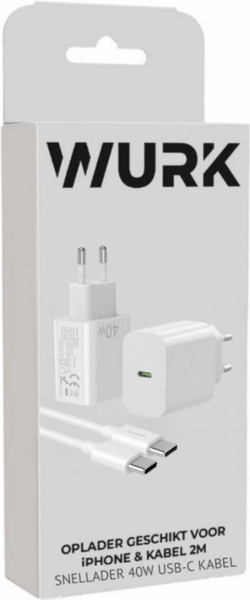 Wurk - Super Snellader Geschikt voor Apple iPhone, iPad & Airpods - 40W Oplader - 2 Meter USB C Kabel - Lader Geschikt voor 15/16 plus/pro