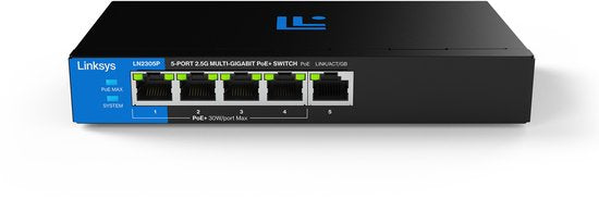 Linksys LN2305P 5-Poorts 2.5 Gb Unmanaged PoE+ Switch - Zwart - Compact