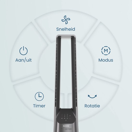 Auronic Torenventilator - Bladeless Model - Luchtkoeler - Vloerventilator - Stille Ventilator Staand - 101 CM - 6 Snelheden - Fan - Met Timer - 39 dB - Lichtgrijs