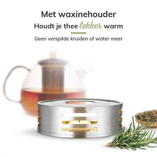 Deleca Glazen Theepot met Filter en Theelicht Warmhouder Set - Borosilicaat Glas - RVS Zeef - Kerst Cadeau - Voor Losse Thee / Theebloemen - 1.5L
