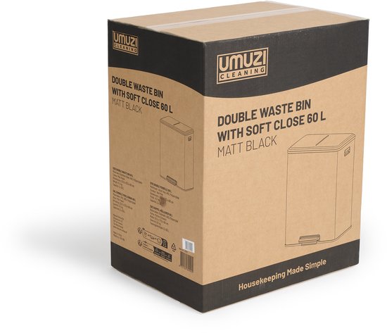 Umuzi Cleaning Dubbele Prullenbak - 60L - Pedaalemmer - Soft Close - 53x38x66 - Mat Zwart
