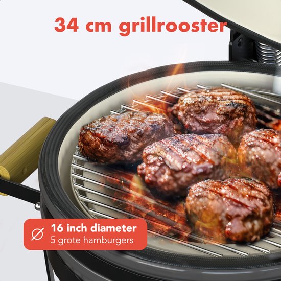 KitchenBrothers Kamado BBQ - 16 Inch Houtskool Barbecue - 34⌀ cm - PFAS-vrij - Deluxe Set - Egg BBQ met Accessoires - Grijs