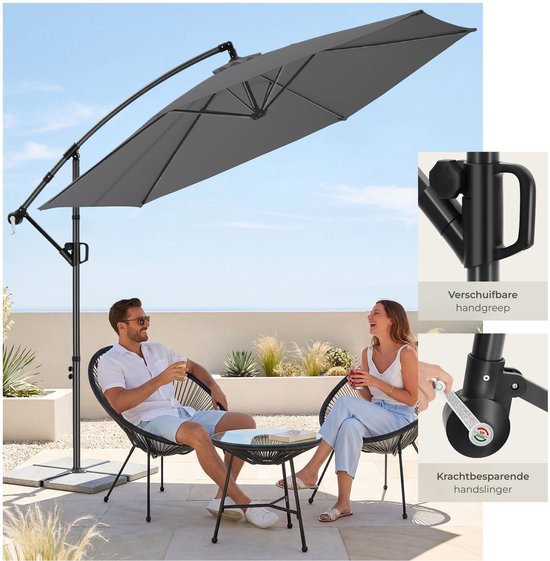 tectake® Zweefparasol met Voet - 3 x 3 m - Tuinparasol - Draaibaar - Waterafstotend Polyester met UV-Bescherming - Inclusief Hoes - Grijs