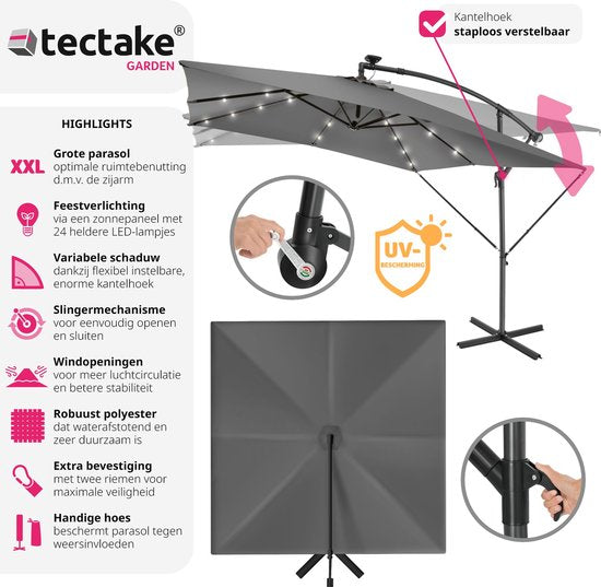 tectake® Rechthoekige parasol - Met LED-verlichting op zonne-energie - Incl. beschermhoes - Zweefparasol - Zonwering terras, tuin - Balkonparasol - Grote parasol - 250x300cm - Grijs
