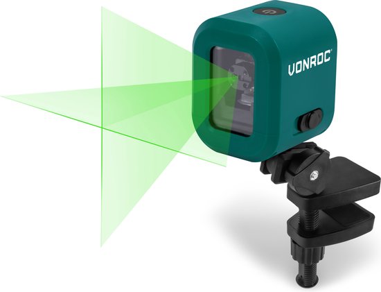 VONROC kruislijnlaser– Groen – 4V accu– 1800mah - Zelfnivellerend – 18 meter bereik – Incl. bevestigingsbeugel, USB-C kabel & opbergtas