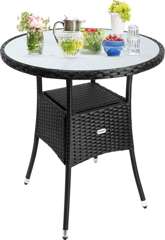 Casaria Polyrattan Bijzettafel 60cm Rond - 5mm Veiligheidsglas \\u2013 Zwart