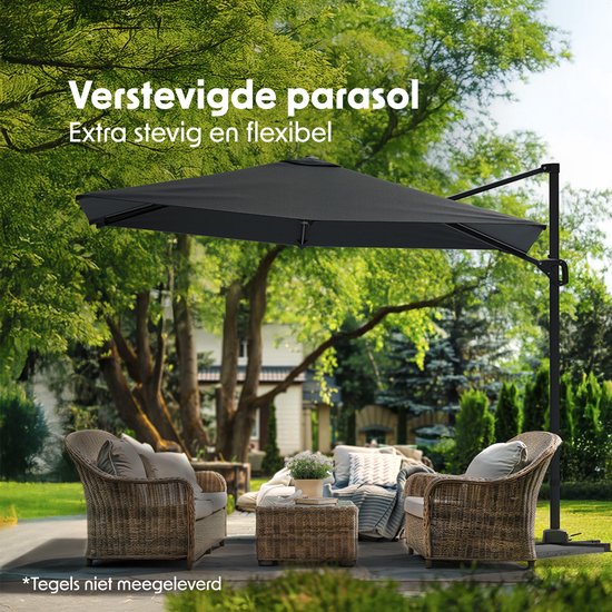 LifeGoods Parasol - 300x300 cm - Kantelbaar - 7 Standen - Waterdicht - met Hoes - Antraciet