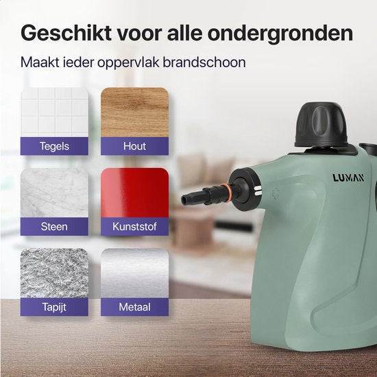 LUMAN 16 in 1 Stoomreiniger C3 - Steam Lock Functie - Handstoomreiniger - Handstomer - Vlekkenreiniger - Tapijtreiniger - Incl. Opbergtas en 16 Opzetstukken - 1050 Watt - 450 ML - Groen
