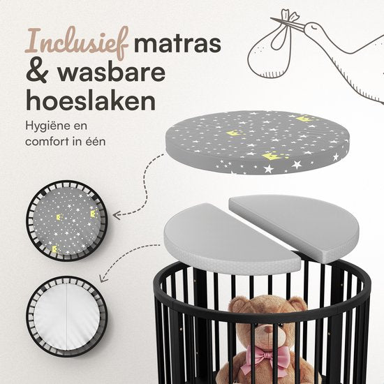 Flowsense Baby Box – Ronde Speelbox - Grondbox - Kinderbox - Playpen – Met Matras – Verstelbare Hoogtes – Wielen - Zwart
