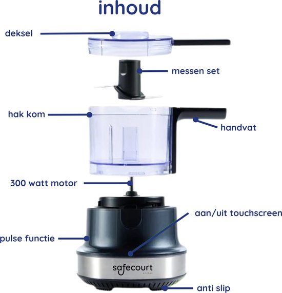 Safecourt Kitchen Hakmolen - Food chopper - Zwevende messen - IJscrusher - 700ml - Zwart/RVS