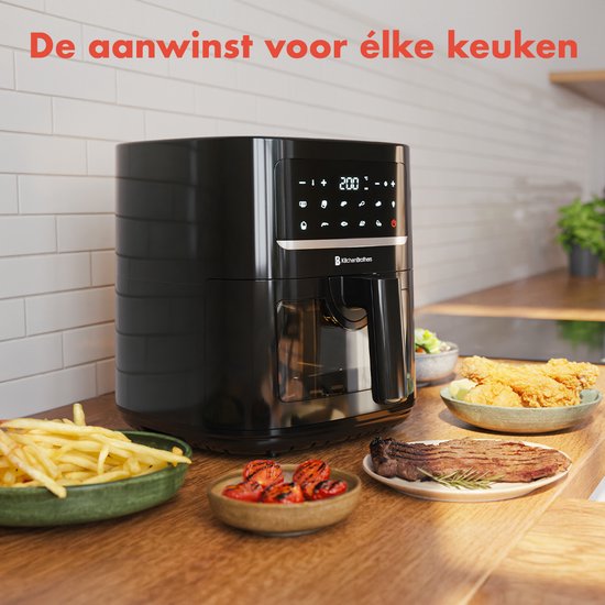 KitchenBrothers Airfryer XL - 6L - 1600W - Heteluchtfriteuse - 50ºC tot 200ºC - 10 Kookprogramma's - Zwart
