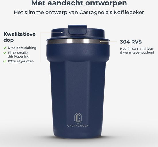 Castagnola Thermosbeker - Koffiebeker To Go - Travel Mug voor Koffie en Thee - Theebeker - 380 ML - RVS - Donkerblauw - Octagon