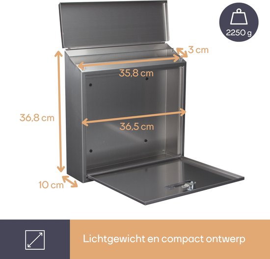 Perel brievenbus Monaco, wandbrievenbus voor buiten, wandmontage, met naamplaatje, sleutelslot, afsluitbaar incl. 2 sleutels, roestvrij staal, 36,8 x 36,5 x 10 cm, zilvergrijs